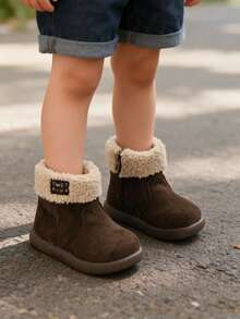 RS Kids Deep Brown Faux Suede Fur Collar Lining Ankle Boots, Side Zipper Round Toe Soft Sole Warm Winter Toddler Boots, Daily Wear - Brown - View 5