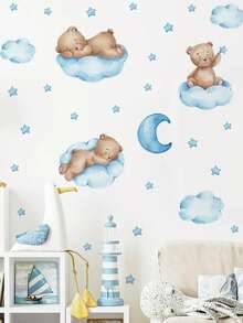 1pc Bear And Moon Pattern Wall Sticker, Home Decor, Spring Decoration Item To Refresh Your Home, Holiday Decoration Sticker Gift For Birthday, Graduation, Back To School, School Supplies - Multicolor - View 5
