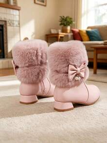 Girls' Pink Sweet Princess Playful Party Style Anti-Freeze Warm Easy On/Off Pearl Bow Versatile Low Heel Casual Kids Boots - Pink - View 5