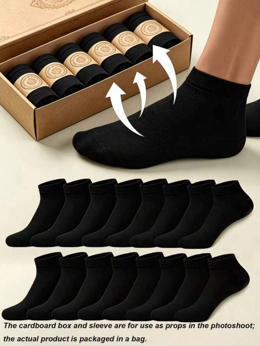 20 Pairs Men's Solid Color Boat Socks, Sweat-Absorbent Breathable Comfortable Invisible Socks, Suitable For Daily Wear, Sports, Business, Unisex, All Seasons, Best Gift Choice For Back To School And Holidays, Available In 1 Pair/10 Pairs/20 Pairs - Black - View 1