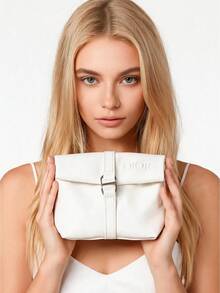 Dior White Flap PU Makeup Bag With Embossed Logo, Metal Clasp, Portable Storage Bag With Inner Pocket For Lipstick And Cushion, Travel Toiletry And Miscellaneous Bag, Wear-Resistant And Easy To Clean Beauty Accessory Clutch - White - View 5