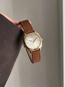 1pc Brown Retro Women's Quartz Watch, Daily Wear, Fashionable And Casual Minimalist Style PU Leather Strap With Round Head, Perfect For Holiday Gifts - Brown - View 1