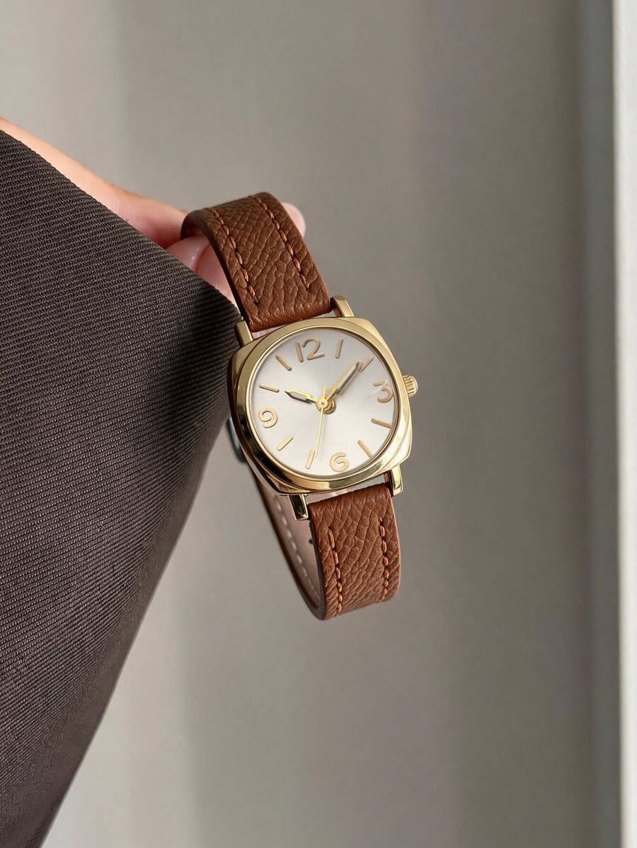 1pc Brown Retro Women's Quartz Watch, Daily Wear, Fashionable And Casual Minimalist Style PU Leather Strap With Round Head, Perfect For Holiday Gifts - Brown - View 1