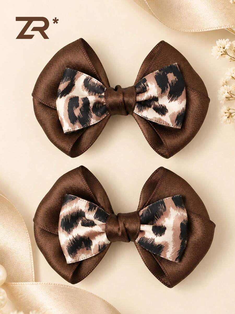 2pcs Leopard Print Bow Hair Clips,Brown Ribbon Decor,Retro Casual Fall Winter Hairpins,Elegant Fashion Simple Women Hair Accessories - Brown - View 1