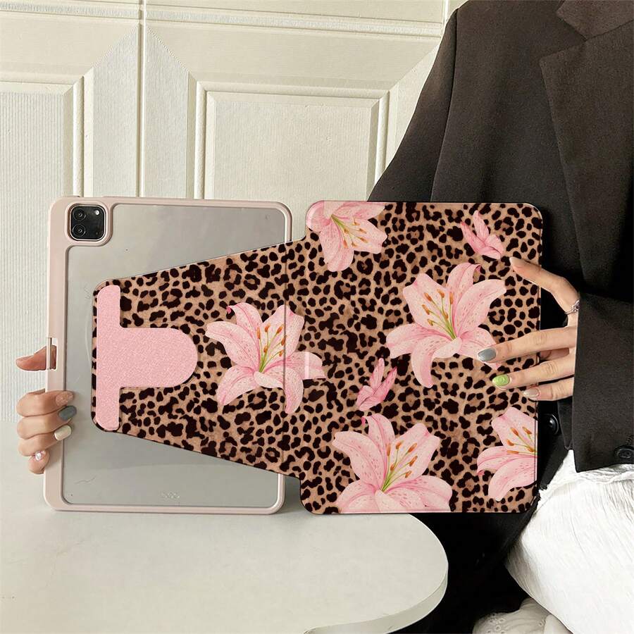 1件豹紋粉色百合花平板保護殼，適用於 iPad Air 6/5/4 與 10 (10.9 吋) - 適用於 iPad Pro 2024、Air M3/A16 2025，適用於 Galaxy Tab S9 FE/S8 Plus/S7/S10，適用於 OPPO Pad，適用於 MatePad，適用於 Vivo Pad，適用於 Honor Pad，適用於 Xiaoxin Pad