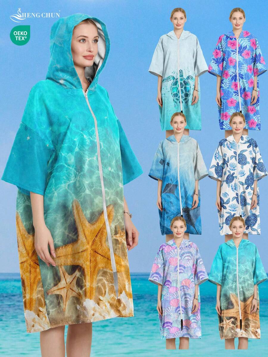 SHENG CHUN 1件海灘必備海星吸水浴袍，戶外、潛水、衝浪、游泳、溫泉、沐浴、運動、健身房、浴室必備，超細纖維，毛圈布，時尚，連帽，口袋，浴袍，浴巾，吸水保暖 - 彩色 - 查看 1