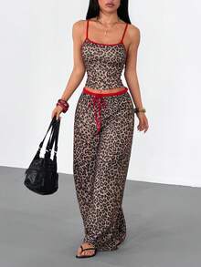 Women's Leopard Print 2 Pieces Set, Colorblock Trim Camisole Top + Drawstring Wide Leg Pants, Suitable For Nightclub Party, Vacation, Casual And Outing Wear - Brown - View 6