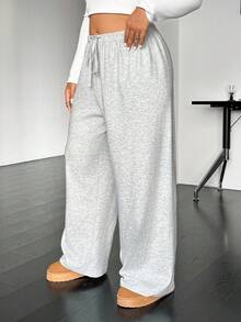Xana Plus Size Casual Drawstring Waist Loose Straight Leg Knit Pants Fall - Light Grey - View 6