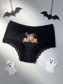 6PCS Halloween Pumpkin Bat Spider Web Ghost Multicolor Print Lace Patchwork Sexy Women's Lingerie Comfortable Ladies Panties - Black - View 7
