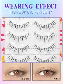 5 Pairs Manga Style EyeLashes With Black Band Natural Long Cosplay Makeup Cross Big Eye Lashes And Full Strip False Eyelashes 4-12MM - Black - View 9