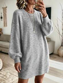 Women's Fall Winter Heather Grey Fuzzy Soft Knit Crew Neck Lantern Sleeve Mini Sweater Dress, Oversized Slouchy Casual Daily Office Commute Wear - Grey - View 3