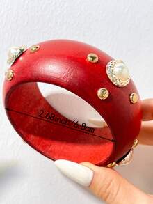 Vintage Luxury Burgundy Swirl Resin Bracelet, Colorful Crystal Decorated Glossy Resin Wide Bangle, Inlaid With Multicolored Round Rhinestones, Elegant Handmade Jewelry, Suitable For Daily Wear, Dates, Weddings And Formal Parties - Multicolor B - View 5