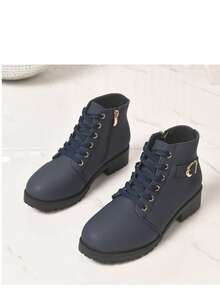 Navy Blue Chunky Heel Ankle Boots For Women, Lace-Up Side Zipper Buckle Thick Sole Anti-Slip Commuter Boots - Navy Blue - View 13