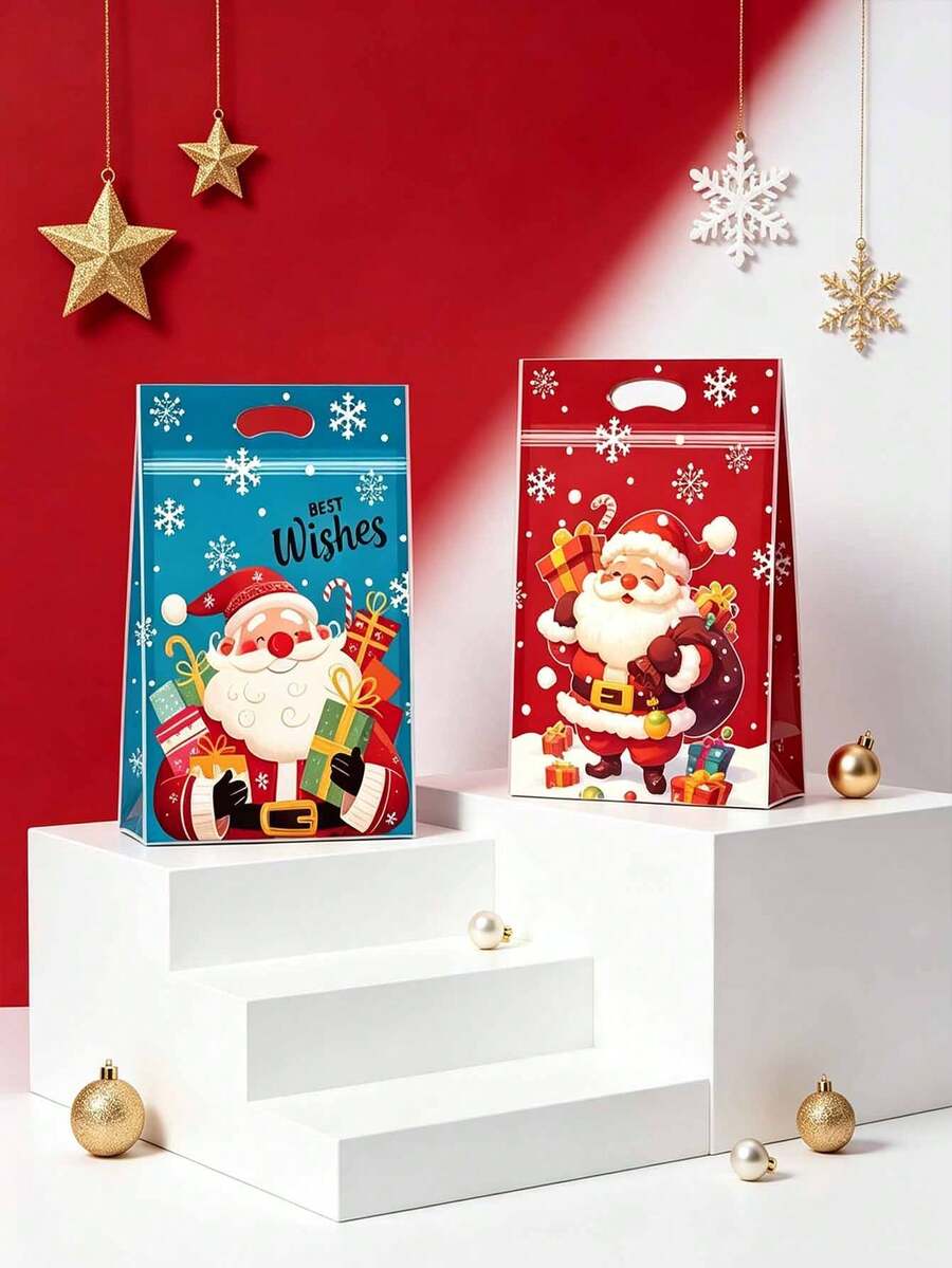 18pcs/Set Christmas Standing Gift Bags, Santa Claus Self-Sealing Zipper Bags With Handles, Holiday Party Decoration Gift Packaging Supplies - Multicolor - View 1