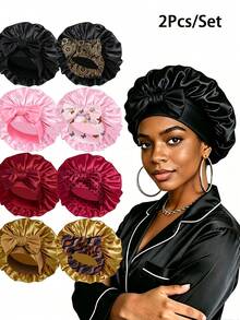 1Pc Cherry Print Satin Bonnet With Bow, Wide Elastic Band Hair Care Sleep Cap For Curly Hair, Women Soft Night Hair Wrap - Multi-color Cherry Red - View 17
