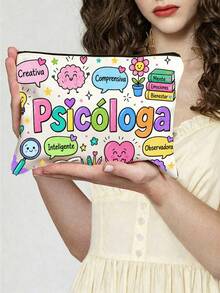 1pc Fun Cartoon Style Psychologist Print Makeup Bag, Pouch With Cute Psychology Theme Icons,Makeup Bag, Small Pouches, Coin Purses, Pencil Cases, Clutches,Multi-Functional Storage Bag, Ideal For Daily Toiletries And Travel - Multicolor - View 7