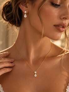1pc Gold Elegant Round Diamond Water Drop Necklace & Earrings Set, Suitable For Banquet, Wedding, Women - Flower - View 1
