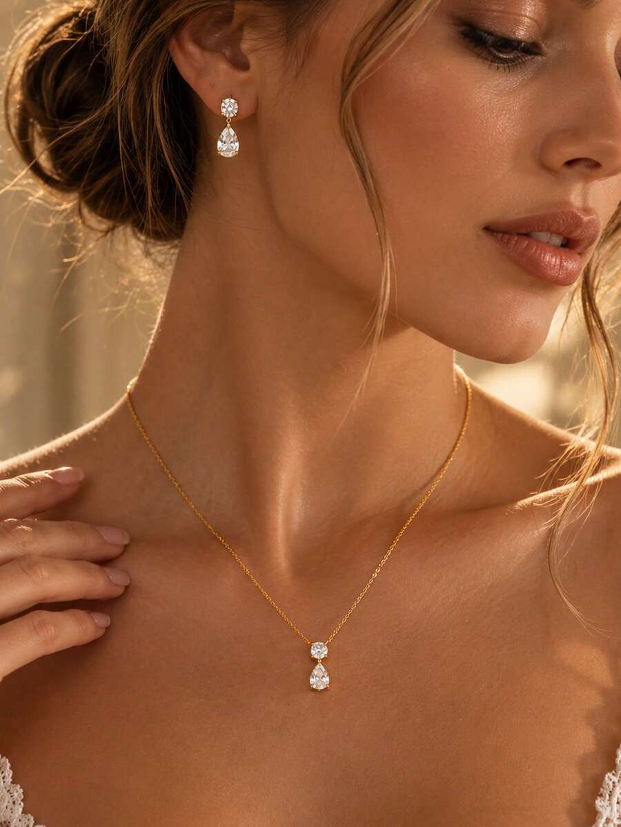 1pc Gold Elegant Round Diamond Water Drop Necklace & Earrings Set, Suitable For Banquet, Wedding, Women - Flower - View 1