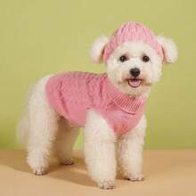 Dog Sweater And Hat Set, Retro Cable Knit Winter Pet Clothes For Small Dogs, Warm Dog Outfit, Sweater Only Option Available - Pink - View 5