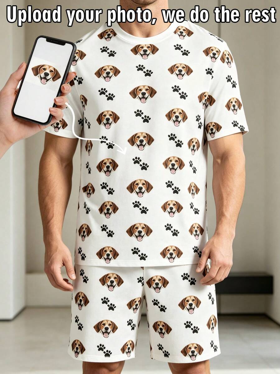 2pcs/Set Men's Customized Dog Face Photo Pajama Set, Personalized Pet Beagle Paw Print Men's Pajama Shorts Set, Gift For Husband - Multicolor - View 1