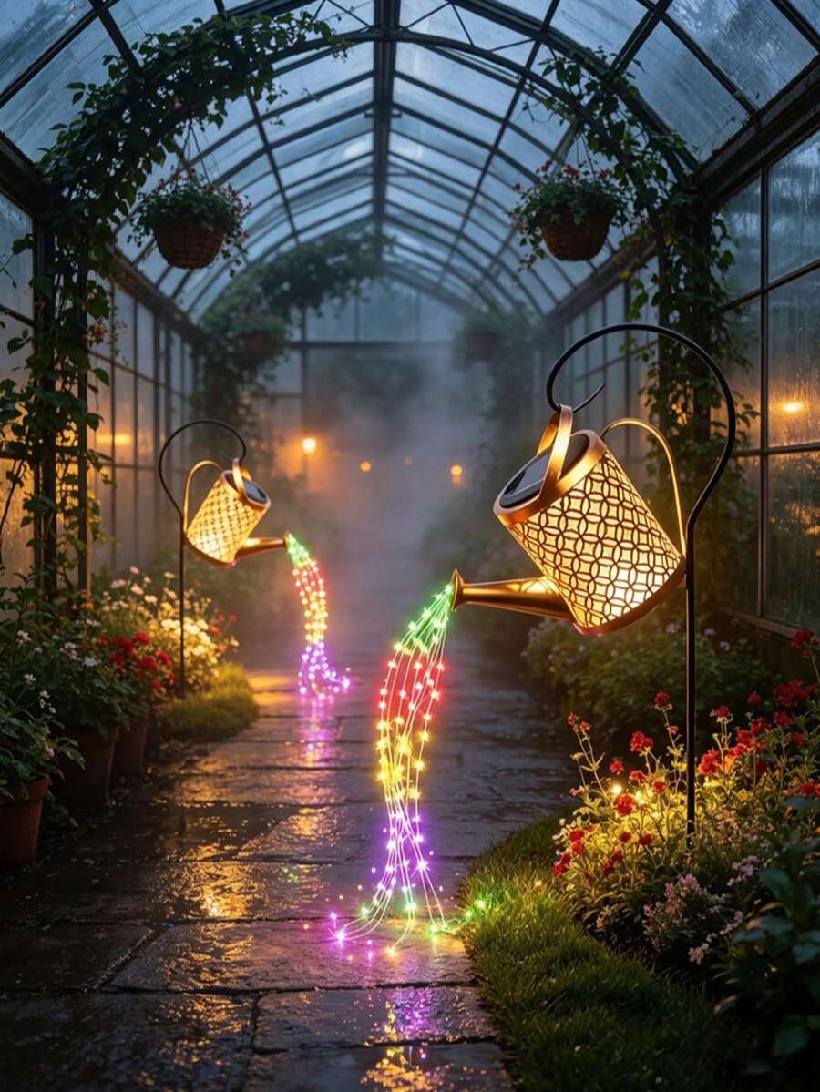 1/2PCS Golden Watering Can Solar Garden Light, Hollow Metal Kettle LED ...