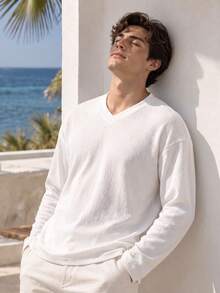 1pc White Textured Long Sleeve V-Neck Men's T-Shirt, Soft Knit Fabric Pullover Top, Casual Vacation Style, Machine Washable, Suitable For Island, Beach, Travel And Outings - White - View 2