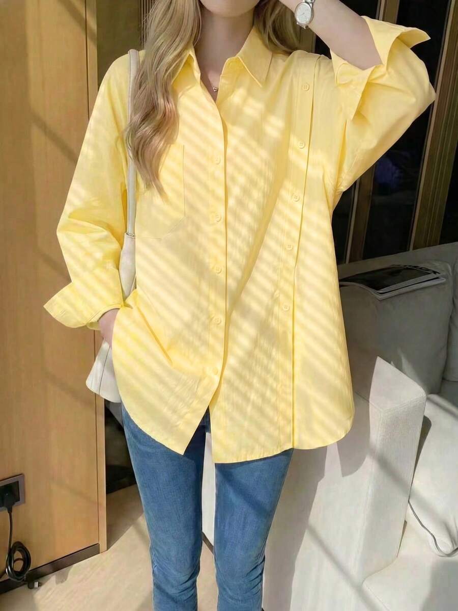 Plus Size Women Asymmetrical/Asymmetrical Blouse Casual Office Wear Spring Summer Autumn Long Sleeve Shirt - Light Yellow - View 1