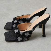 Women's Black And White Plaid Fringed Stiletto High Heel, Square Toe Open Toe Slip-On Sandals, Fringed High Heel Sandals, Suitable For Party, Nightclub, Daily Wear - Black - View 4