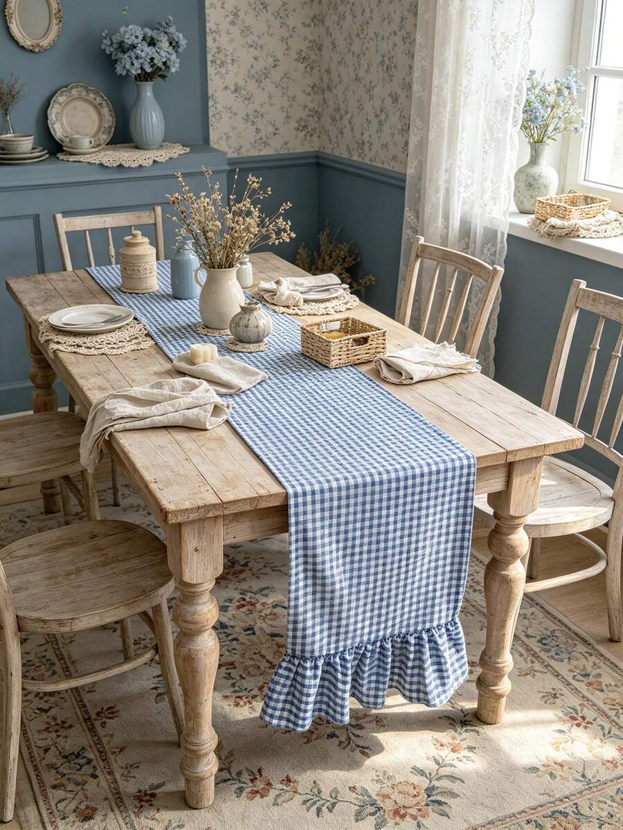 1/20pcs Blue & White Checkered Ruffle Edge Table Runner, Fresh Pastoral Vintage Style Lightweight Long Tablecloth, Suitable For Dining Table, Entryway Console, Vanity, Sideboard, Coffee Table, Banquet Table - Blue and White - View 1