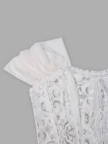 Yuwenier White Romantic Corset Top Jacquard Satin Bandeau Organza Ruffle Sleeves Lace Decor Strapless Top Halloween Stage Performance Costume - White - View 10