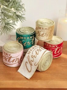 Velvet Christmas Ribbon, Elegant Metallic Ribbon With Gold Glitter, Merry Christmas Text, Metallic Edge, Double-Sided Ribbon, Suitable For Gift Wrapping, Gift Bows, Christmas Tree, Wreath, DIY Crafts, Holiday Party Decoration, Aesthetic Style - Multicolor - View 5