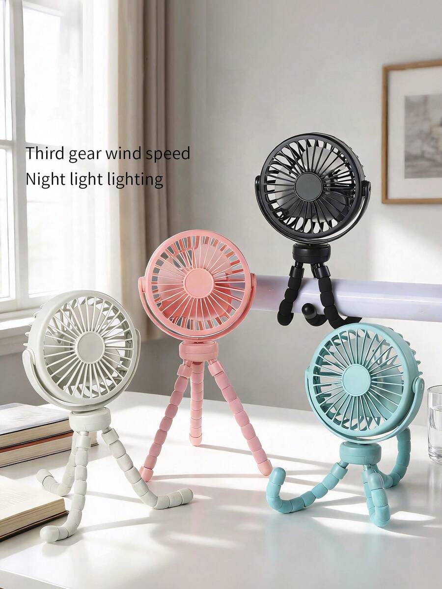 AOYI 1 pieza Ventilador de escritorio minimalista recargable y ajustable de 3 velocidades, silencioso, portátil para exteriores, cochecito, con luz LED y cable de carga - Doble uso: clip/escritorio - Ver 1