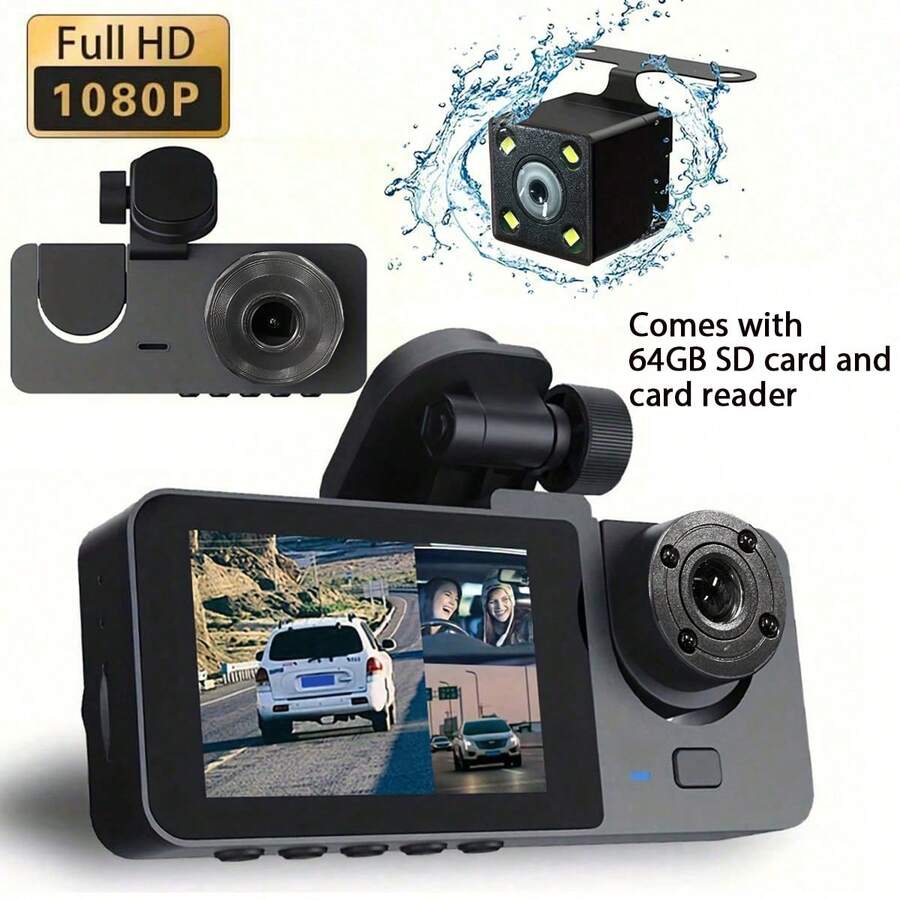3-Channel 1080P Front And Rear Built-In Dash Cam, 3-Way Car Camera With 32GB Memory Card, Infrared Night Vision, 24/7 Parking Monitoring, G-Sensor, Loop Recording, Suitable For Cars And Trucks, 150mAh Battery Capacity