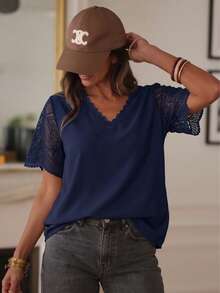 Plus Size Women's V-Neck Short Sleeve Lace Patchwork T-Shirt, Summer Casual - Navy Blue - View 8