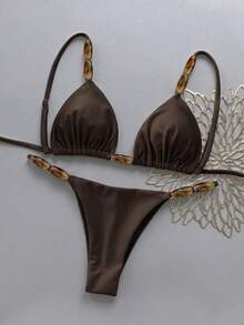 Bikinx Elegant Women's Spaghetti Strap Bikini Set, With Beaded Details And Tie-Up Bottom, High Elasticity Backless Swimsuit - Coffee Brown - View 9