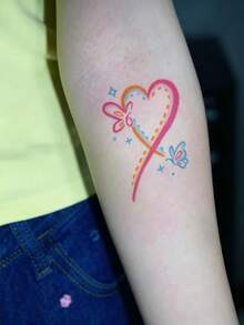 1pc Temporary Tattoo, Crayon Hand Drawn Rainbow Heart Butterfly & Star Pattern, Realistic Fake Tattoo Design, For Daily, Bachelorette Party Favors, Music Festival, Game, Graduation Gift, Lasts 3-5 Days - Multicolor - View 5