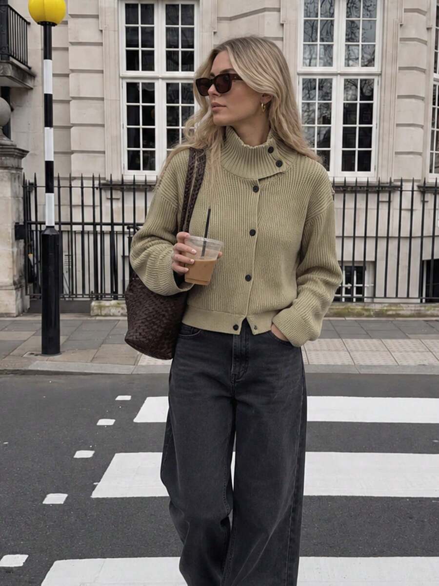 MUMRAP Cárdigan de punto casual de unicolor con cuello alto y botones para mujer, ajuste holgado retro de manga larga para otoño - Verde Oliva - Ver 1