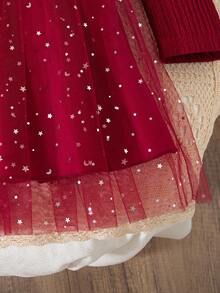 Tween Girls Fall Dress, Valentine's Day Solid Color Jacquard Square Neck Gigot Sleeve Top With Star & Moon Mesh Princess Skirt, Bow Decor - Burgundy - View 3