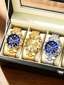 6pcs Boys Sports Watch Gift Set, Gift For Friends, Stainless Steel Material, Calendar Wristwatch, Birthday Gift Box, Quartz Watch Gift Set - Multicolor - View 3