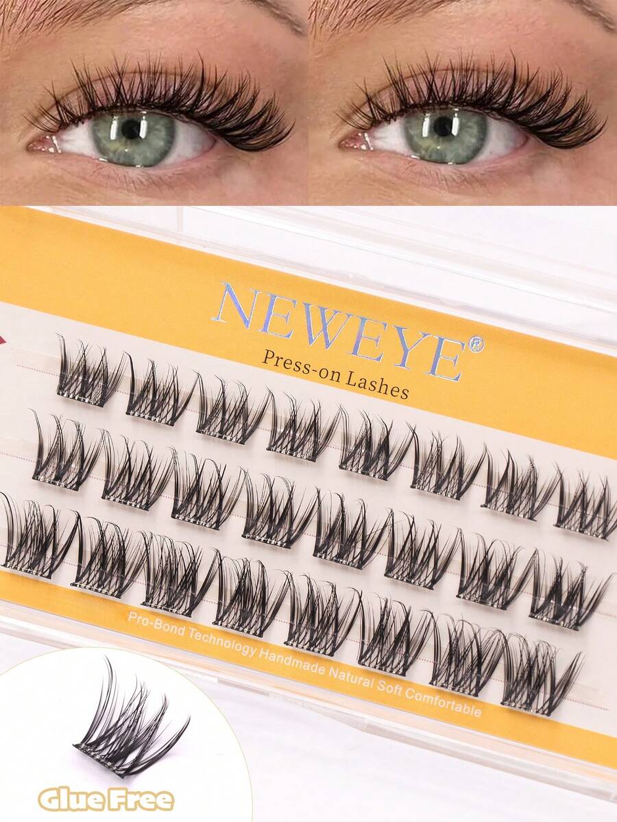 Neweye 24Clusters Natural Press On Lashes Wear No Glue Needed Eyelash Manga Lash Clusters Pre Glued Lash Wispy Lashes Extensions With Invisible Band 3D D Curly Cluster Eyelash Extensions 10-14mm DIY Individual Lashes Makeup Tools For Travel