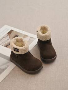 RS Kids Deep Brown Faux Suede Fur Collar Lining Ankle Boots, Side Zipper Round Toe Soft Sole Warm Winter Toddler Boots, Daily Wear - Brown - View 2