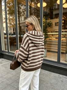 Women's Vintage Colorblock Striped Long Sleeve Loose Hooded Drawstring Knit Pullover, Autumn/Winter All-Match Everyday Outfit, Soft Comfortable Versatile Knit Top - Multicolor - View 3
