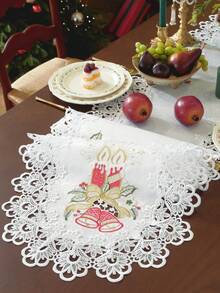 1pc 100% Polyester Christmas Table Runner With Lace Trim, Embroidered Red Candle, Bell And Holly Leaf Pattern, White Holiday Dining Table Decor, Suitable For Winter Party Home Decoration - White - View 5