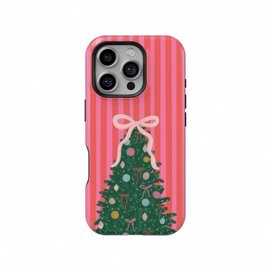 聖誕樹粉色條紋節慶蝴蝶結手機殼,適用於 iPhone 18 17 16 15 14 Pro Max Plus 13 12 11 - 粉色 - 查看 1