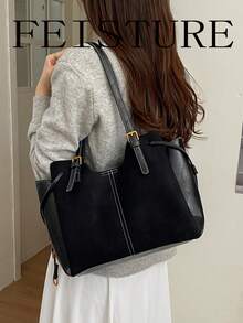 FEISTURE 1件裝麂皮與PU布料拼接多層托特包，時尚女款單肩包，適合女孩、女性、大學生、職場新人與白領上班族，適用於工作、商務、通勤、上學 - 黑色 - 查看 5