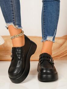 Women's New All-Season Thick Sole Loafers, Round Toe Slip-On, Minimalist Fashion Campus Style, Solid Color - Black - View 4