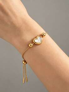 Camhanno 1pc Gold Stainless Steel White Shell Heart Pendant Adjustable Beaded Bracelet Women's Jewelry - Multi-color Style 2 - View 3