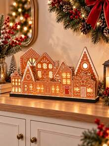 Christmas Gingerbread House Desktop Decor, Wooden Village Set, Gingerbread House Wooden Desktop Centerpiece, Suitable For Christmas, Farmhouse Style, Fireplace, Bookshelf, Dining Table, Windowsill (Lights Not Included) - Multicolor - View 4