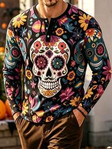 Men's Autumn/Winter Halloween Day Of The Dead Candy Skull Floral Button Long Sleeve T-Shirt - Multicolor - View 5