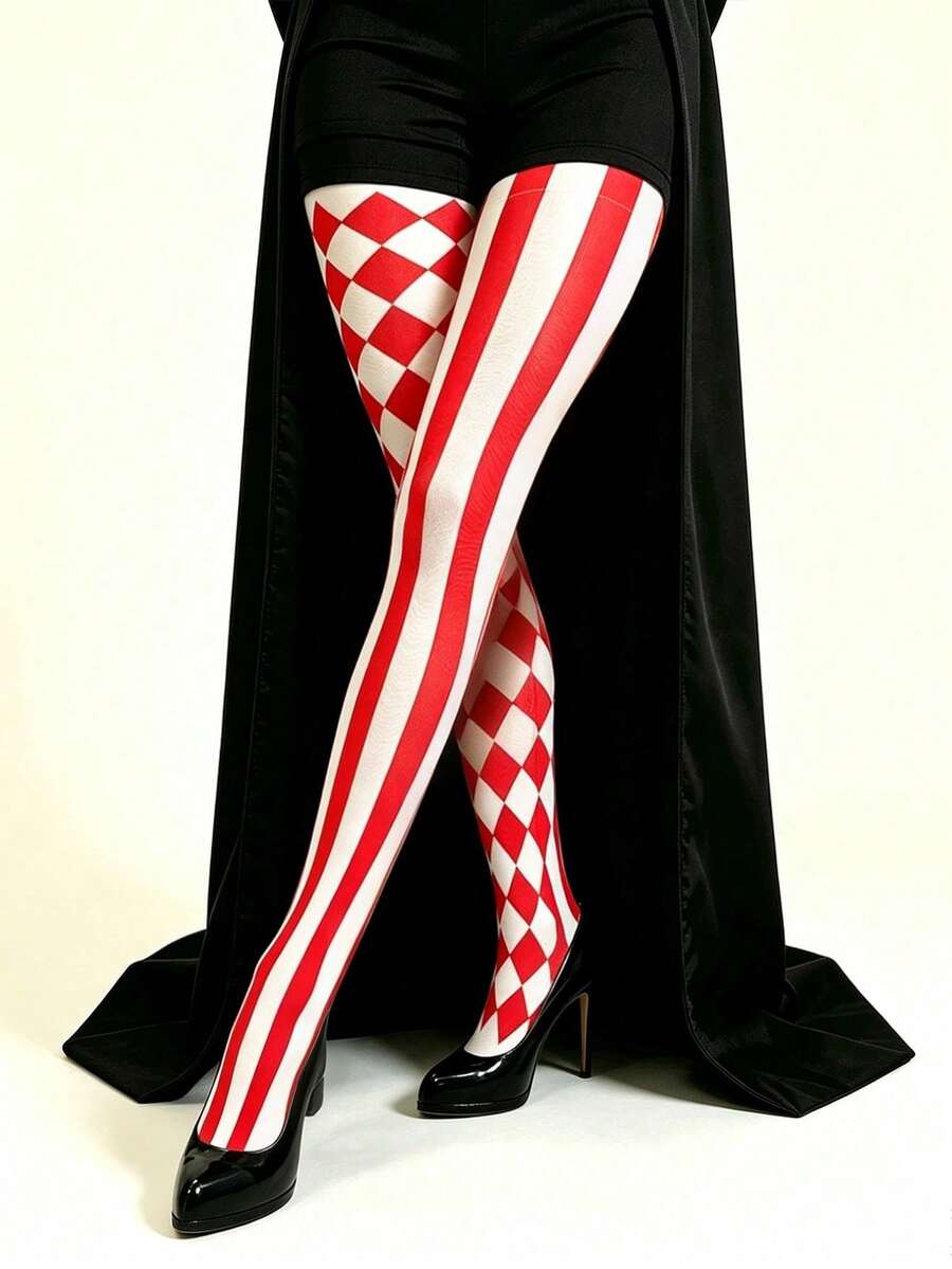 1 Pair Asymmetrical Mandarin Duck Pattern Tights, High Elasticity Breathable Knitted Fabric, Suitable For Halloween, Theme Party, Cosplay, Stage Show, Holiday Outfit, Personalized Eye-Catching Accessory - Red and White - View 1